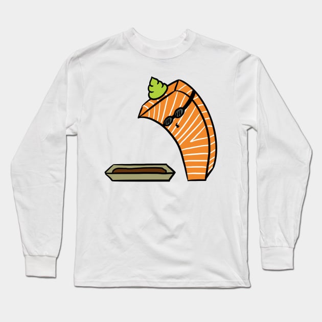 Salmon Sashimi Diving Into Soy Sauce Long Sleeve T-Shirt by bonniemamadraws